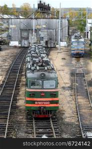 Disel locomotives oj the railway station Medvezshegorsk, Karelia, Russia