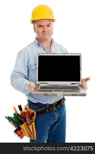 Disgruntled construction worker holding a computer with blank space for a message. Isolated on white.