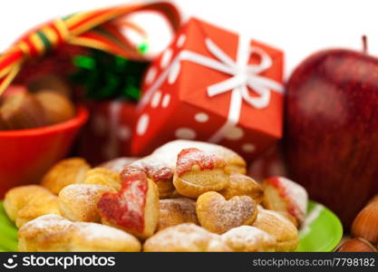 Dish, cookies, nuts, apple, bows, boxes, gifts, Christmas balls