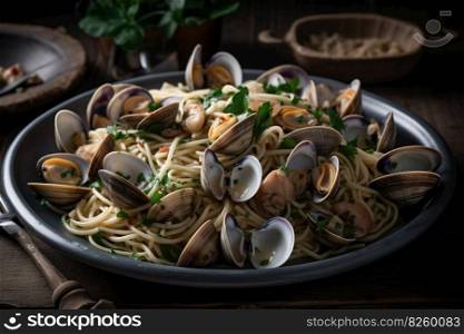 Dish of clams with lemons and parsley. Generative Ai.
