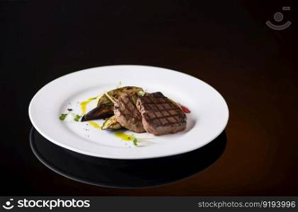 dish of fried meat in a plate on a black background. dish on black background