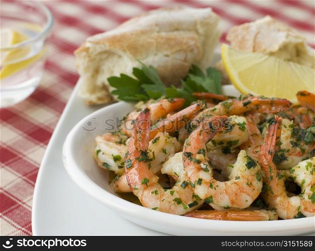 Dish of Garlic Buttered Tiger Prawns with Rustic Bread