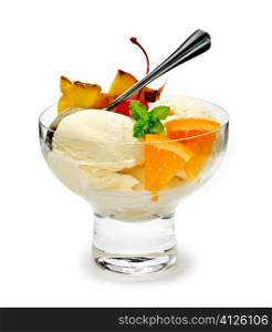 Dish of ice cream and fruit isolated on white background