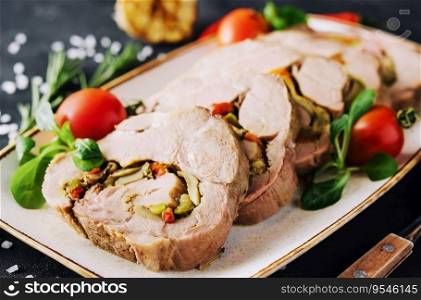 Dish of roulade of veal stuffed with mushrooms and spices