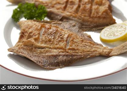 Dish with fried plaice, lemon and parsley