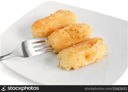 dish with potato croquettes isolated on white background with clipping path