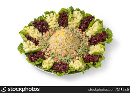 Dish with traditional festive Moroccan mixed salad isolated on white background