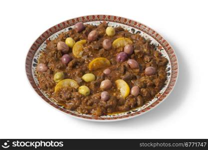 Dish with traditional moroccan kercha for Eid al-Adha on white background