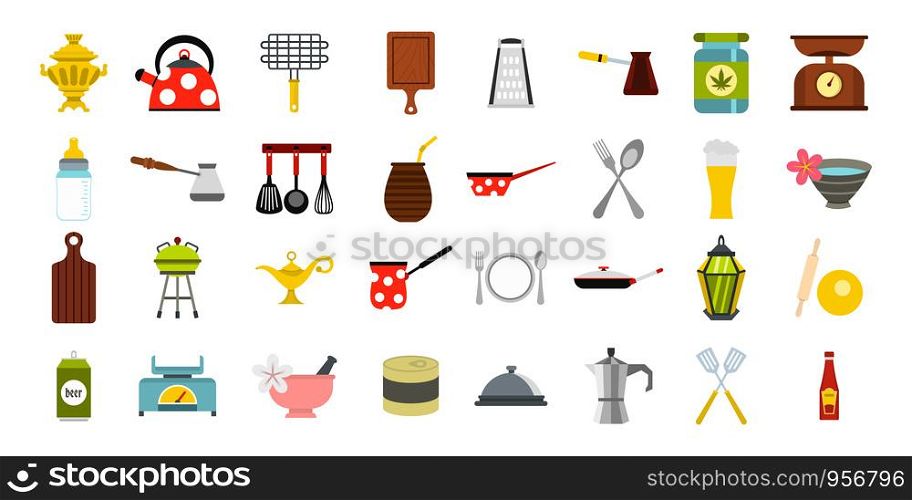 Dishes icon set. Flat set of dishes vector icons for web design isolated on white background. Dishes icon set, flat style