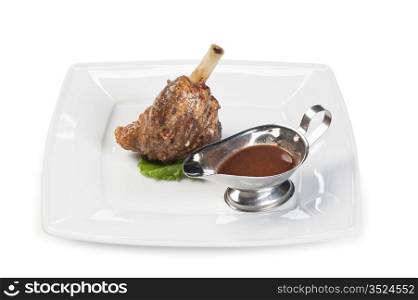 dishes of roast meat and spices isolated on white background
