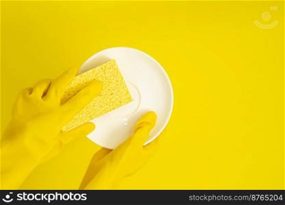 Dishwashing concept, Hands in rubber gloves to holding yellow sponge and wash the dishes.