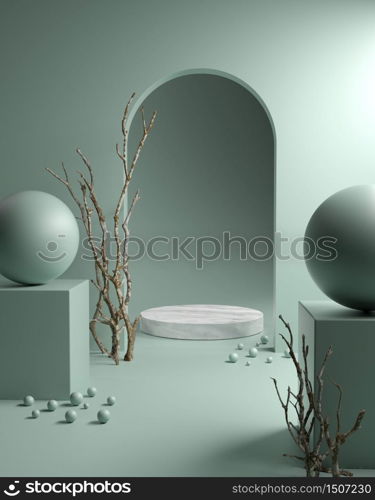 Display Marble Template Exhibition On Sage Green Background 3D Render