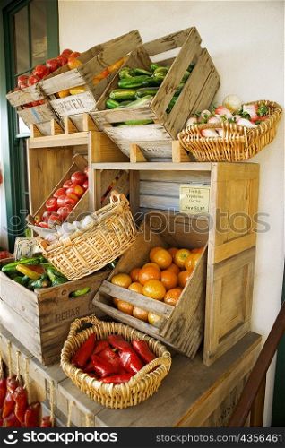 Display of baskets of artificial vegetables, San Diego, California, USA