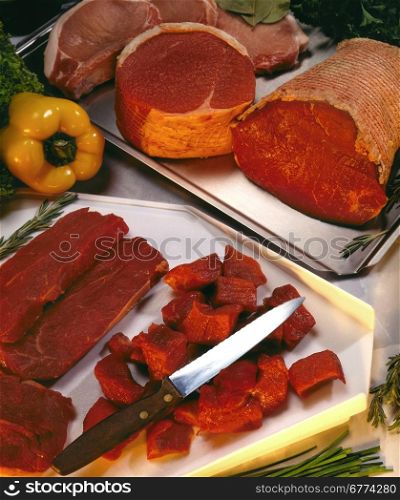 Display of cuts of meat in a butchers shop