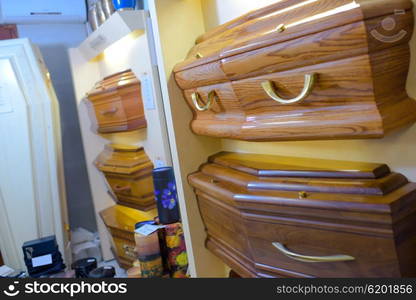 Display of different styles of coffins