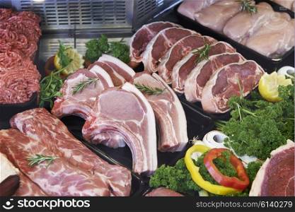 Display Of Fresh Meat In Butcher&rsquo;s Store