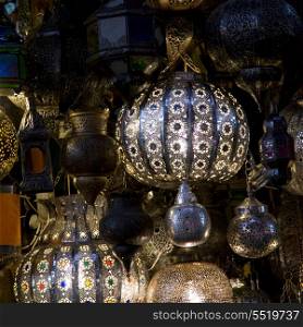 Display of lanterns for sale at market stall, Medina, Marrakesh, Morocco