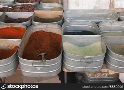 Display of spices for sale at market stall, China