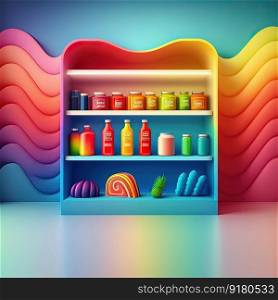 Display shelves with products on colorful neon gradient background. Generative AI. Display shelves with products on colorful gradient background. Generative AI