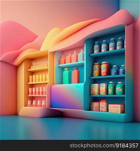 Display shelves with products on colorful neon gradient background. Generative AI. Display shelves with products on colorful gradient background. Generative AI