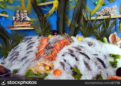 Display stands of fishes and seafoods but also shellfish put on the ice.