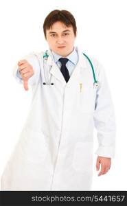 Displeased medical doctor pointing fingers down isolated on white&#xA;
