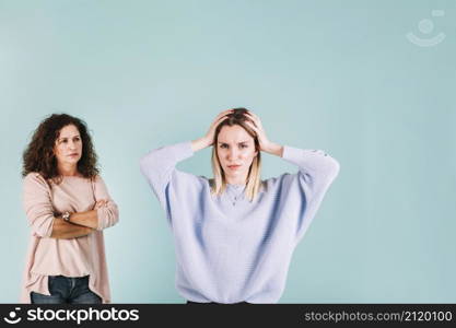 displeased woman arguing with mom