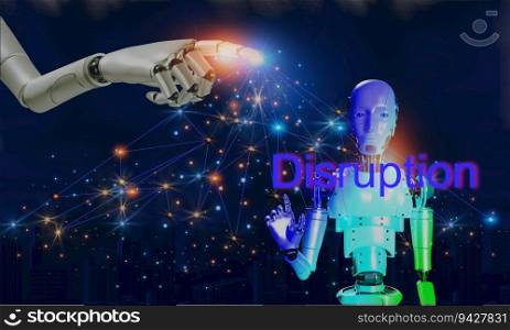 disruption technology artificial intelligence is work instead people. artificial intelligence 3D robotic with robotic hand showing control technology in city