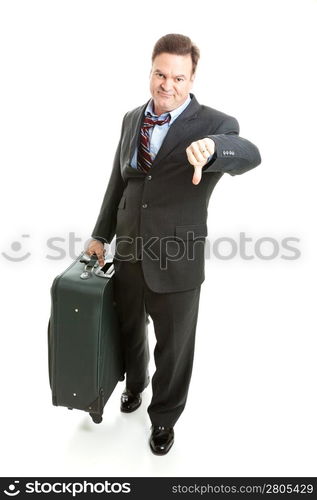 Dissatisfied business traveler giving thumbs down on his travel experience.