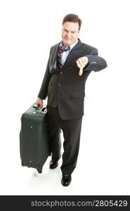 Dissatisfied business traveler giving thumbs down on his travel experience.