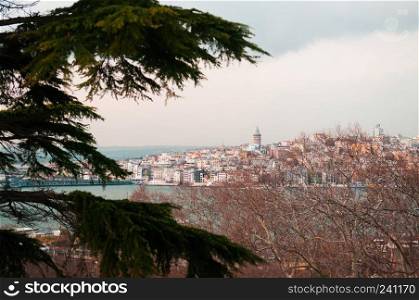 Distance View of Galata Tower and golden horn from Topkapi palace in Istanbul