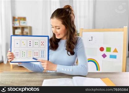 distant education, primary school and teaching concept - happy smiling female math teacher with mathematics having online class at home. math teacher having online class on laptop at home