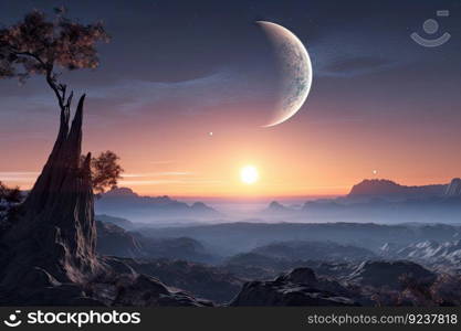 distant exoplanet, with view of star-filled sky and orbiting moon visible in the background, created with generative ai. distant exoplanet, with view of star-filled sky and orbiting moon visible in the background