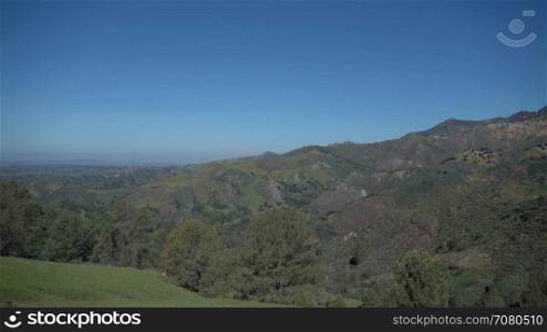 Distant view of orange California poppies on a mountainside