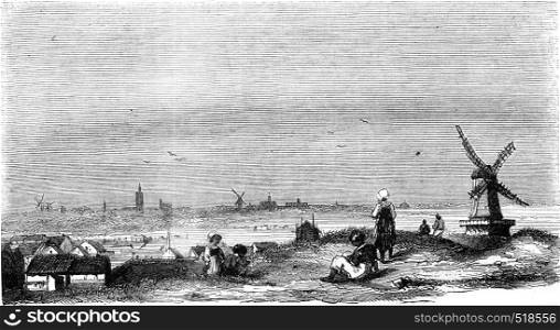 Distant View of The Hague, vintage engraved illustration. Magasin Pittoresque 1845.