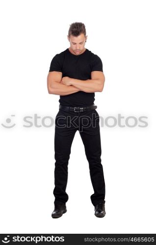 Distressed man black dress isolated on white background