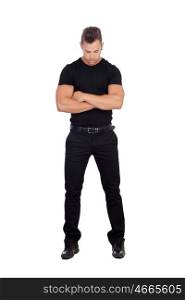 Distressed man black dress isolated on white background