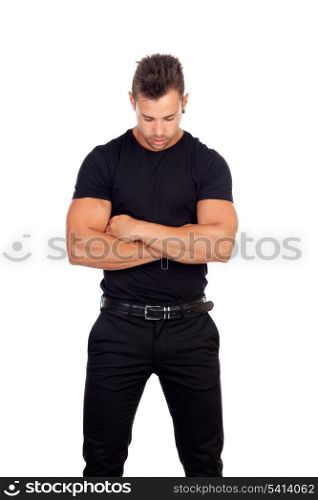 Distressed man in black isolated on a white background