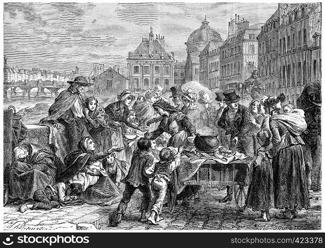 Distribution of food to the starving peasants, vintage engraved illustration. History of France ? 1885.