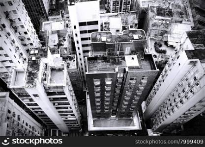 District at Hong Kong, view from skyscraper. Black and white image/