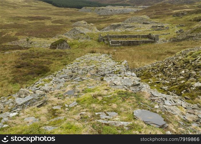 Disused exit incline for the Blaen-y-Cwm Slate Quarry, Snowdonia National Park, Gwynedd, Wales, United kingdom.