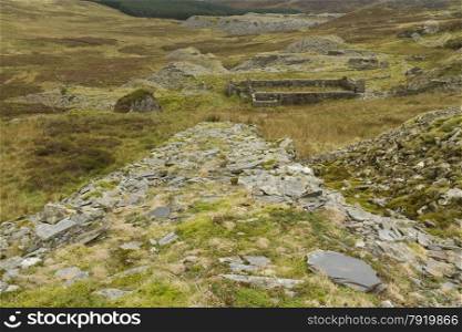 Disused exit incline for the Blaen-y-Cwm Slate Quarry, Snowdonia National Park, Gwynedd, Wales, United kingdom.