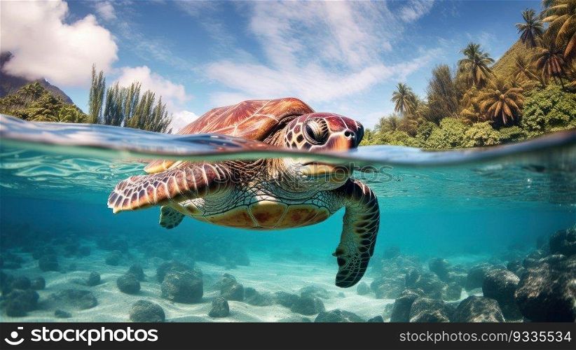 Dive into the mesmerizing underwater world with this captivating photo featuring a majestic sea turtle gracefully navigating the tranquil shallow waters. The stunning imagery showcases the sea turtle in its natural habitat, surrounded by the vibrant colors of the ocean. As you gaze above the waterline, a breathtaking view of the beach unfolds, complete with swaying palm trees that add a touch of tropical allure. This composition captures the seamless harmony between the marine realm and the coastal beauty, inviting you to appreciate the wonders of nature.