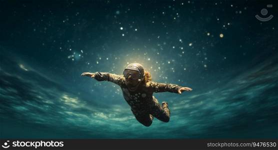 Diver in a swimming suit in cosmos in front of the Earth
