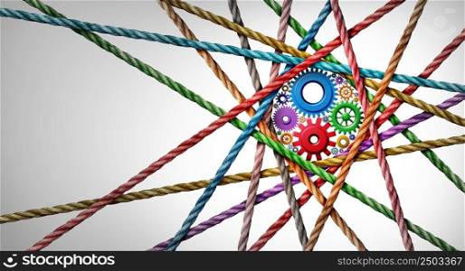 Diverse business connection and connected diversity as a central circle shaped group of ropes creating a centralized circular gearmachine shape with 3D illustration elements.