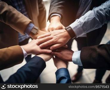 Diverse business people group put hands together in stack pile at training as concept of sales team corporate unity connection, teambuilding loyalty, support in teamwork, coaching, close up top view.