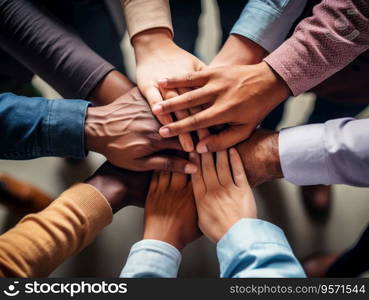 Diverse business people group put hands together in stack pile at training as concept of sales team corporate unity connection, teambuilding loyalty, support in teamwork, coaching, close up top view.