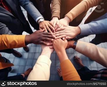Diverse business people group put hands together in stack pile at training as concept of sales team corporate unity connection, teambuilding loyalty, support in teamwork, coaching, close up top view.