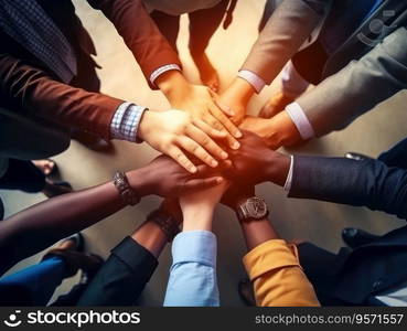 Diverse business people group put hands together in stack pile at training as concept of sales team corporate unity connection, teambuilding loyalty, support in teamwork, coaching, close up top view.