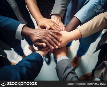 Diverse business people group put hands together in stack pile at training as concept of sales team corporate unity connection, teambuilding loyalty, support in teamwork, coaching, close up top view.